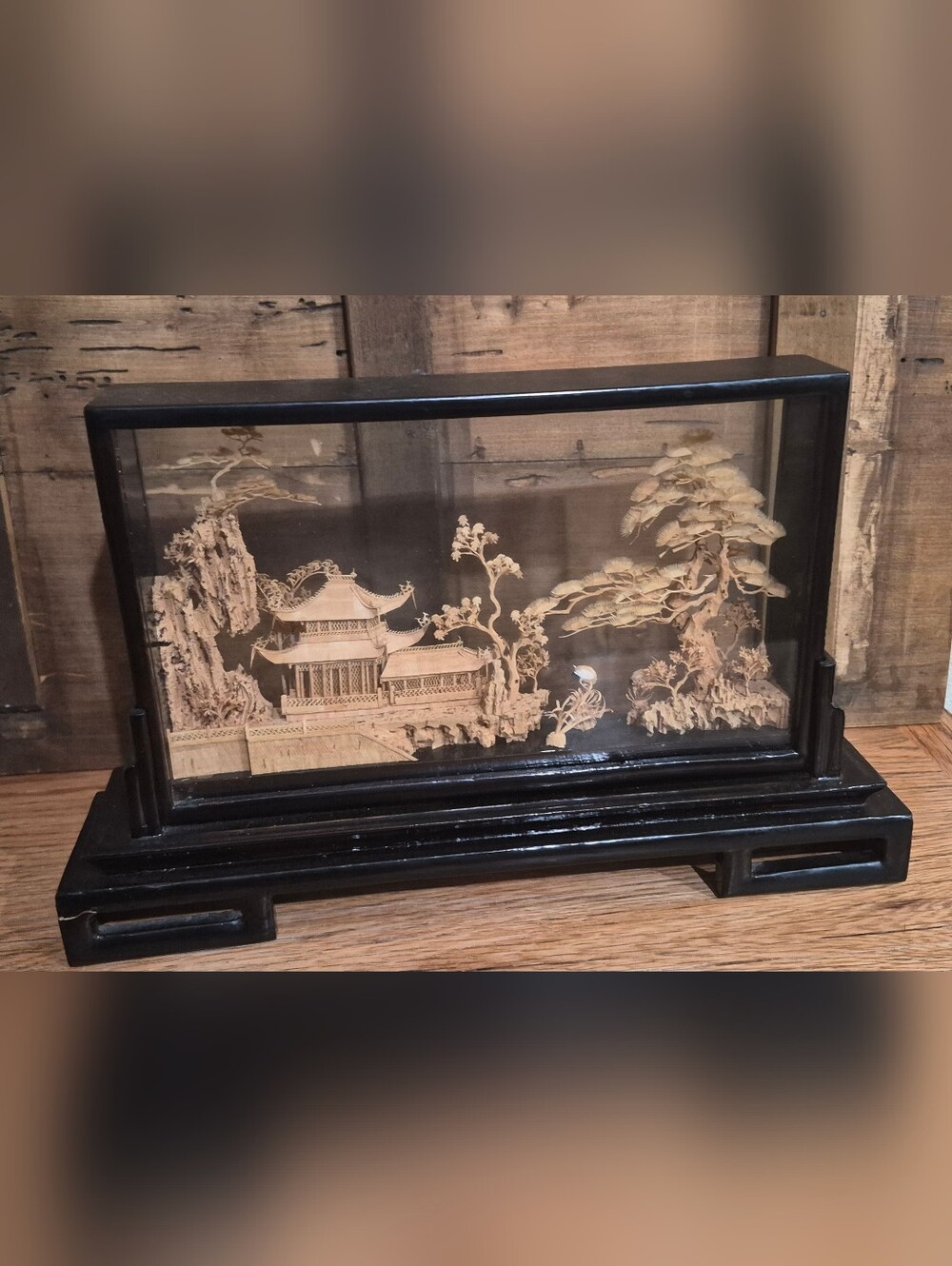 Vintage Chinese handcrafted cork dioramas featuring detailed scenes of pagodas